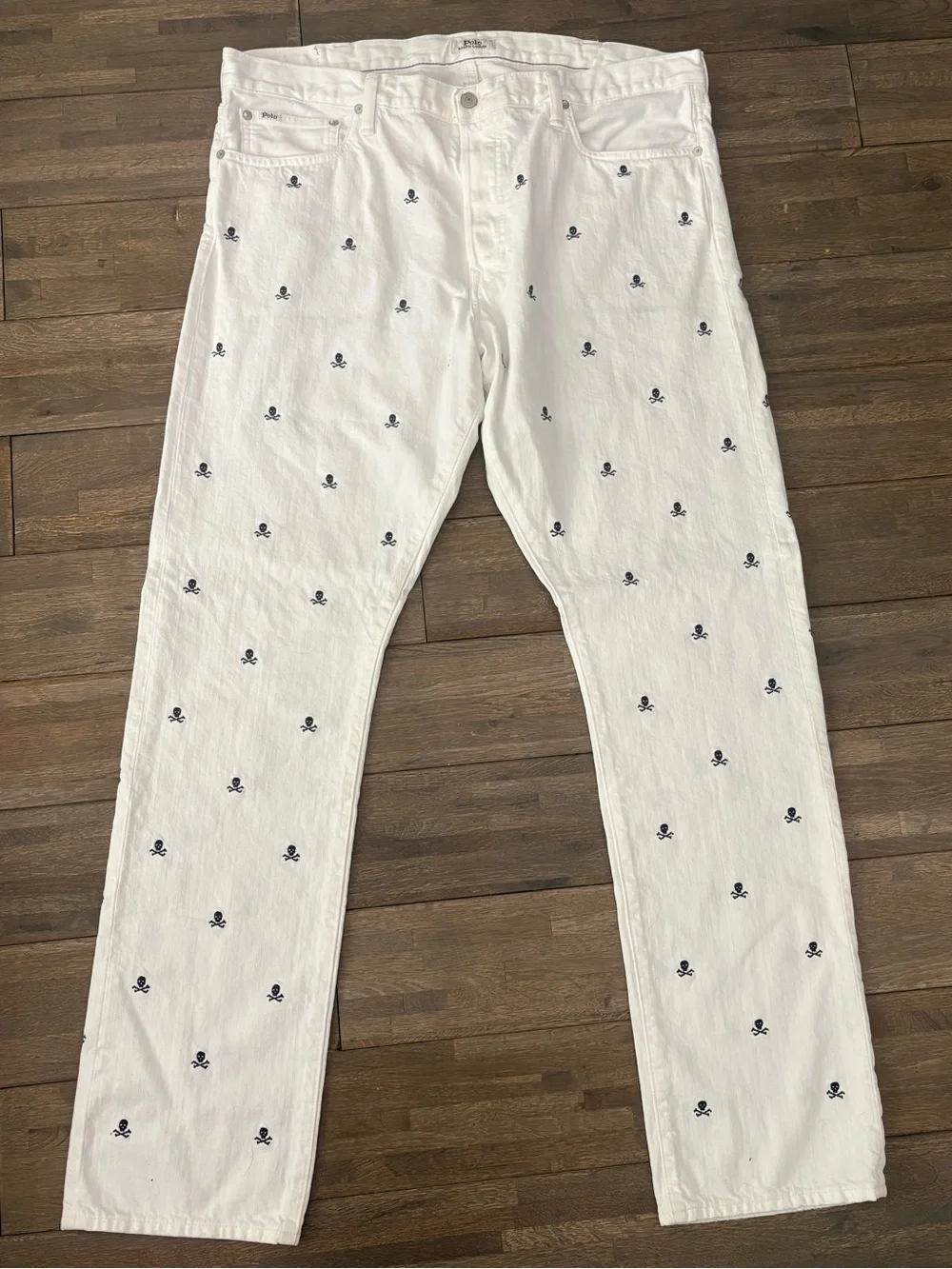 Polo Ralph Lauren White Slim Straight Denim Jeans Skull Crossbones 38x34 EUC